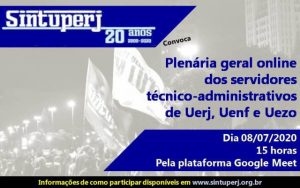 SINTUPERJ CONVOCA: Plenária geral online dos servidores técnico-administrativos de Uerj, Uenf e Uezo @ Plataforma Google Meet
