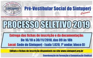 Pré-Vestibular Social do Sintuperj abre processo de seleção para vagas de 2019