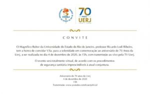 Sintuperj divulga: Comemoração online do aniversário de 70 anos da Uerj
