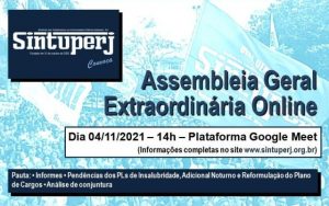 SINTUPERJ CONVOCA: Assembleia Geral Extraordinária Online. Dia 04/11, às 14 horas