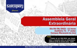 SINTUPERJ CONVOCA: Assembleia Geral Extraordinária – Presencial. Dia 09/06, às 11h