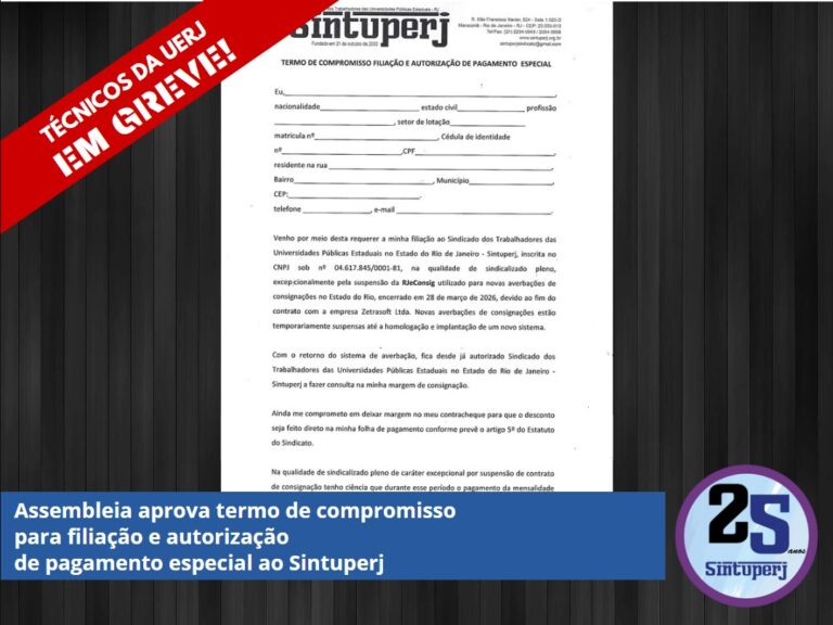 Assembleia aprova termo de compromisso para filiação e autorização de pagamento especial ao Sintuperj