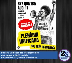 Plenária unificada dos três segmentos, nesta quarta (08/07), às 18h, no Auditório 11 (campus Maracanã)!